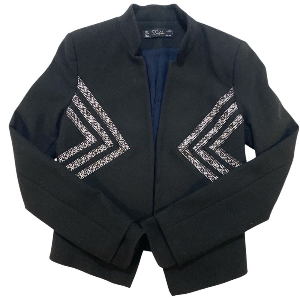 Zara Black Women's Jacket with Patterned Accents - Size L, Fits Small!